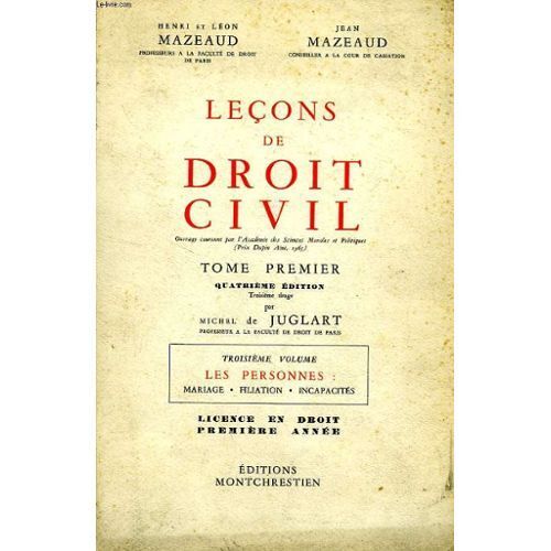 Lecons De Droit Civil -  Tome 1 -  Vol 3  -   6  Ème Édition