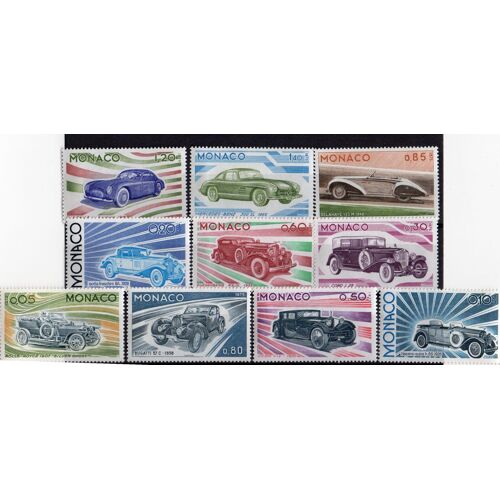 Monaco: Lot De 10 Timbres De 1975 Représentant Des Voitures.