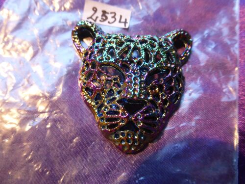 Pendentif Tête De Panthère - Laiton Strass. Reflets Vert, Jaune, Violet Et Bleu. 5 Cm. Lot 2534