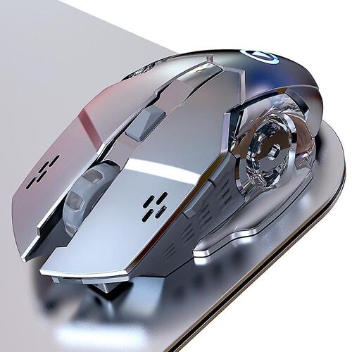 Souris de jeu sans fil RVB rétroéclairée, rechargeable, 6 boutons programmables (gris argent)