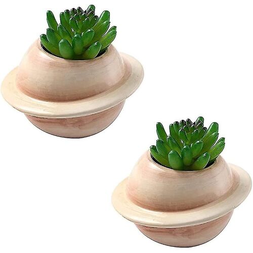 Set Of 2 Ceramic Flowerpots - For Succulents - Creative - Mini Planet - Decorative Flowerpot For Indoor Or Balcony - Brown