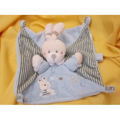Lapin Nicotoy Doudou Carré Plat Bleu Rayé Abc Attache Tétine