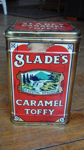 Ancienne Boite Metal Tole "Slade's Caramel Toffy"Tin,Vintage.