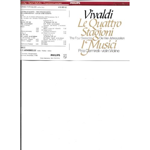 Antonio Vivaldi (1678-1741) : Le Quattro Stagioni Les Quatre Saisons Concerti 1-4 Extrait Il Cimento Dell'armonia E Dell'invenzione Op 8 Révision Vittorio Negri Par I Musici Pina Carmirelli Violon 
