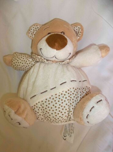 Doudou "Partner Jouet", Peluche Boule Ours Écru Beige, Tissus Fleuris, 22 Cm Assis