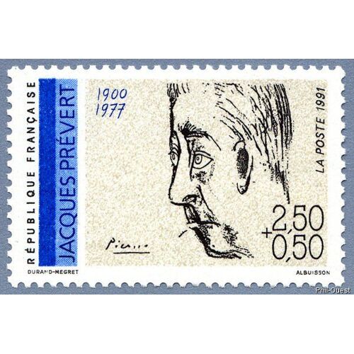 France 1991, Très Beau Timbre Neuf** Luxe Yvert 2685, Écrivains Français - Jacques Prévert.