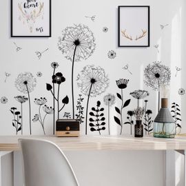 Stickers muraux fleurs de pissenlit noir plantes branche arbre autocollant sticker mural pour salon chambre cuisine bureau adulte enfant
