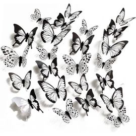 48Pcs papillons muraux,Sticker Papillon Noir et Blanc,DIY Papillons Stickers Muraux,Stickers muraux papillon 3D pour la maison salon bébé chambre