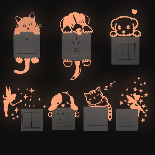 Autocollant Mural De Dessin Animé, Peinture Lumineuse Rose, Lueur Dans La Nuit, Chat Fluorescent, Étoiles De Lune Féerique, Jouets De Décoration De Maison Pour Enfants