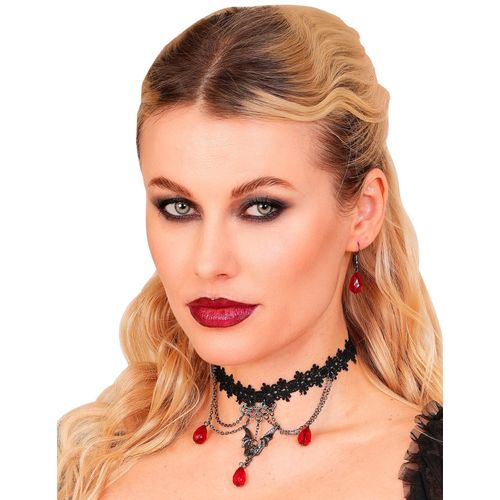 Kit Ras De Cou Et Boucles D'oreilles Gothique Rouge Et Noir