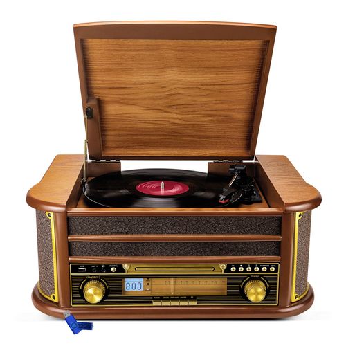 Tourne-Disque EA-PL400 - Vinyle 33/45/78, 60W PMPO, Radio FM, CD, Cassette, Bluetooth USB, REC, rétro, Bois+Clé USB 32G