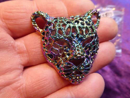 Pendentif Tête De Panthère - Laiton Strass Avec Reflets Vert, Jaune, Violet Et Bleu. 5 Cm. Lot 2533