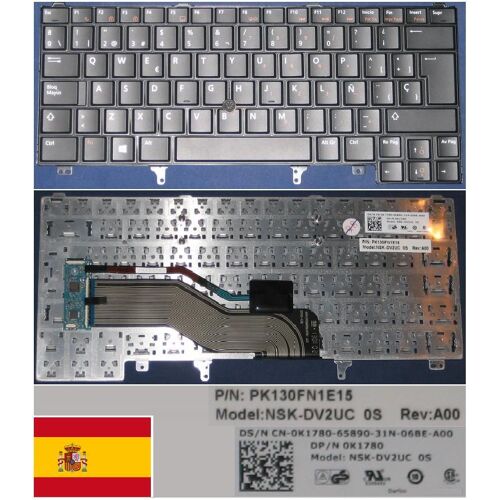 Clavier Qwerty Espagnol / Spanish Pour DELL Latitude E6420 series, Point stick, Noir / Black, Model: 0K1780, NSK-DV2UC, P/N: PK130FN1E15