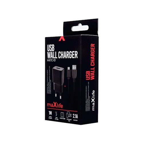 Maxlife Wall Charger Mxtc-01 Usb Fast Charge 2.1a + Micro Usb Cable Black