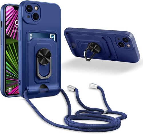Coque Cordon de Collier iphone 14 Plus, 360¡ãAnneau Support Fente Carte de la Case-Bleu