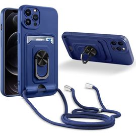 Coque Cordon De Collier Iphone 12 Pro Max, 360¡Ãanneau Support Fente Carte De La Case-Bleu