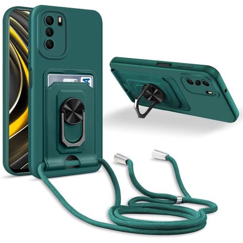 Coque Cordon De Collier Xiaomi Poco M3, 360¡Ãanneau Support Fente Carte De La Case-Vert