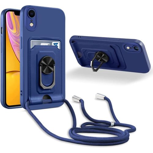 Coque Cordon De Collier Iphone Xr, 360¡Ãanneau Support Fente Carte De La Case-Bleu