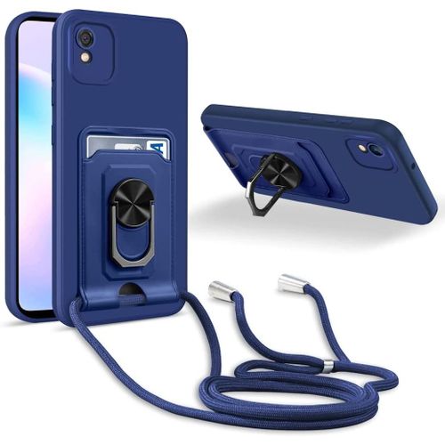 Coque Cordon De Collier Xiaomi Redmi 9a/Redmi 9at/Redmi 9i, 360¡Ãanneau Support Fente Carte De La Case-Bleu