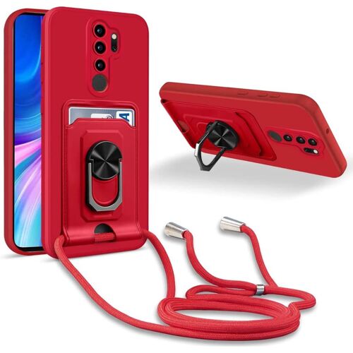 Coque Cordon de Collier Xiaomi Redmi Note 8 Pro, 360¡ãAnneau Support Fente Carte de la Case-Rouge