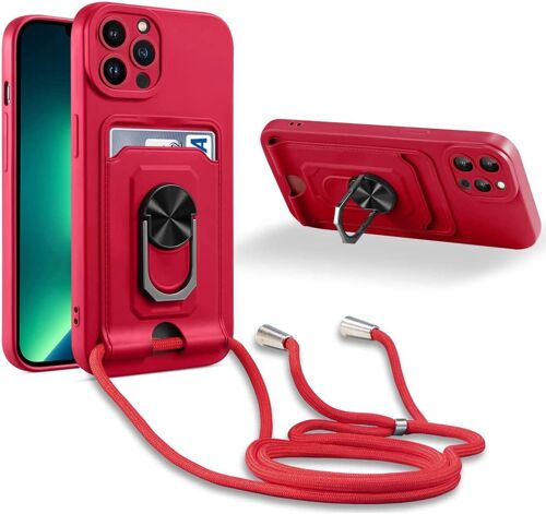 Coque Cordon de Collier iPhone 13 Pro, 360¡ãAnneau Support Fente Carte de la Case-Rouge