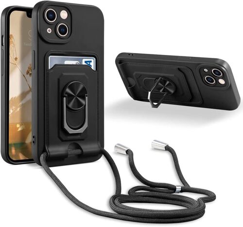 Coque Cordon de Collier iphone 14, 360¡ãAnneau Support Fente Carte de la Case-Noir