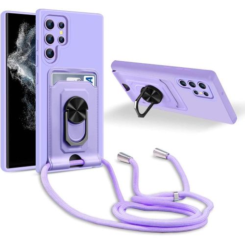 Coque Cordon De Collier Samsung Galaxy S22 Ultra, 360¡Ãanneau Support Fente Carte De La Case-Pourpre