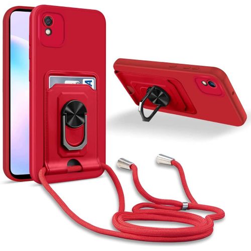 Coque Cordon De Collier Xiaomi Redmi 9a/Redmi 9at/Redmi 9i, 360¡Ãanneau Support Fente Carte De La Case-Rouge