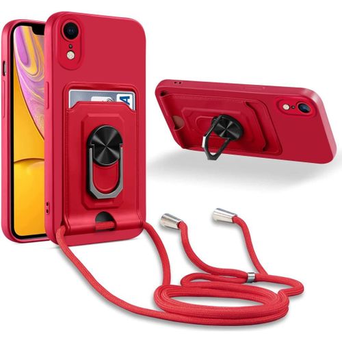 Coque Cordon De Collier Iphone Xr, 360¡Ãanneau Support Fente Carte De La Case-Rouge