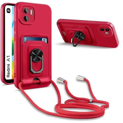 Coque Cordon De Collier Xiaomi Redmi A1, 360¡Ãanneau Support Fente Carte De La Case-Rouge