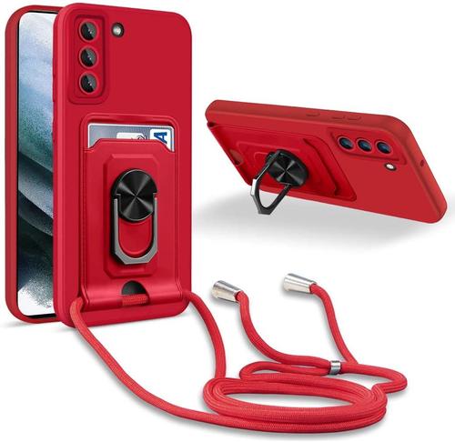 Coque Cordon de Collier Samsung Galaxy S21, 360¡ãAnneau Support Fente Carte de la Case-Rouge