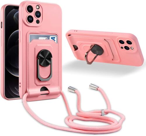 Coque Cordon De Collier Iphone 12 Pro Max, 360¡Ãanneau Support Fente Carte De La Case-Pink