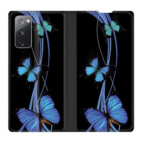 Housse Cuir Portefeuille Pour Samsung Galaxy S20 Fe / S20fe Papillon Bleu Sur Noir
