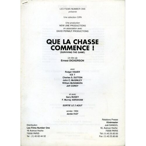 Que La Chasse Commence! Dossier Presse, Ernest Dickerson Avec Ice-T, Rutger Hauer, Charles S. Dutton
