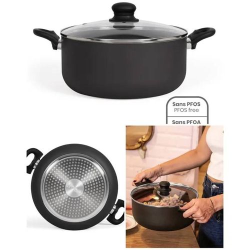 Faitout 28cm Antiadhésif Noir Poignées En Revêtement Silicone Soft Touch Résistant À La Chaleur Tous Feux Dont Induction