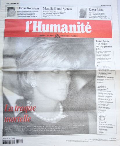 L'humanité N° 16499 (01/09/97): Mort De Diana / Palaces Parisiens / Darwin / Michel Piccoli
