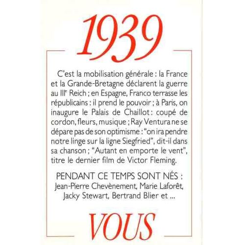1939 Principaux Événements De L'année. Carte D'anniversaire