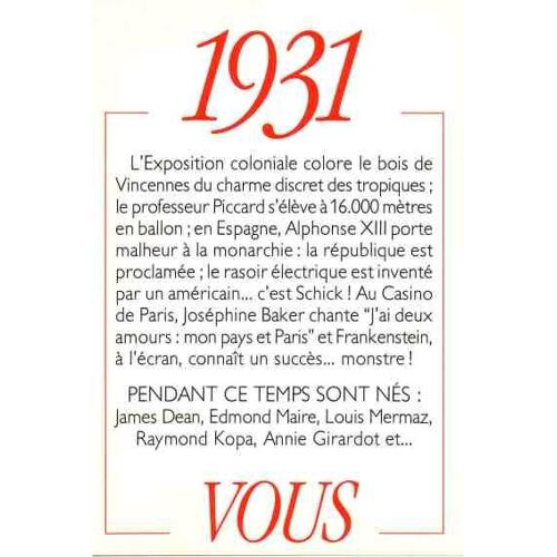 1931 Anniversaire : Principaux Événements De Votre Année De Naissance