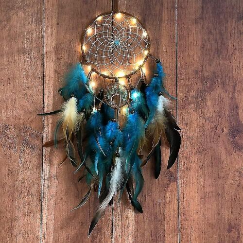 Capteur de rêves Arbre bleu de vie avec plumes, mobile Led Fairy Lights Handmade India