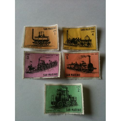 Lot De 5 Timbres Locomotives Anciennes San Marin 1964