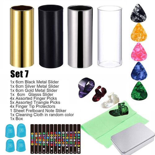 Jeu d'accessoires pour guitare électrique, curseur en métal verre, choix assortis, couvercle de doigt, ensemble d'accessoires pour guitare (ensemble 7)