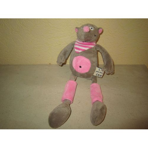 Doudou Peluche Taupe 30 Cm Les Petites Marie Gris Rose Foulard Rayé Blanc / Rose
