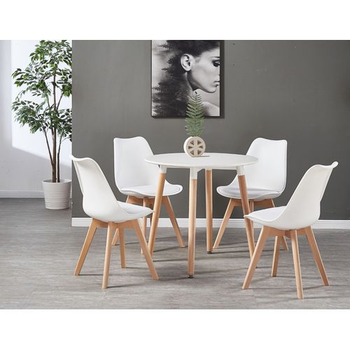 Table Blanche Ronde + 4 Chaises Scandinaves Blanches - Ensemble Pour Salle À Manger Ou Cuisine