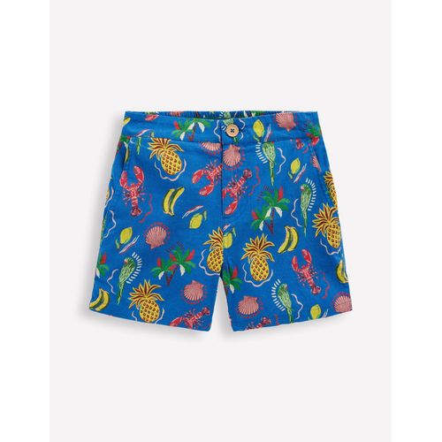 Short En Coton Et Lin-Motif Tropical Tile Bleu Vif