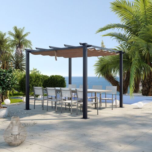 Tonnelle/Pergola Aluminium 3x3m Toile Coulissante Rétractable - Gris / Taupe- Ohio