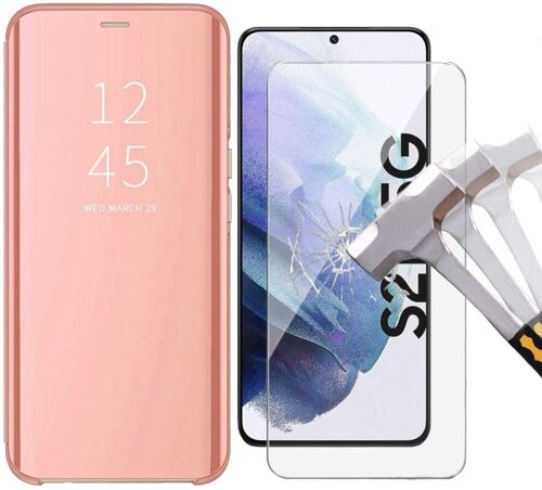 Coque Folio Rabat Miroir Rose + Verre Trempe Pour Samsung Galaxy s21 5G Little Boutik® Couleur :