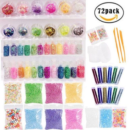 Kit de fabrication de boules Slime, 72/73 paquets, fournitures pour breloques, perles à paillettes, bol à poisson, ensemble de matériaux pour boules de mousse colorées faites à la main - 72pcs