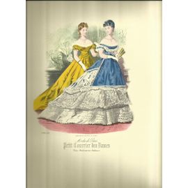 Gravure Xixe Siècle. Modes De Paris , Petit Courrier Des Dames " Deux Femmes En Robe De Soirée Dans Un Salon "