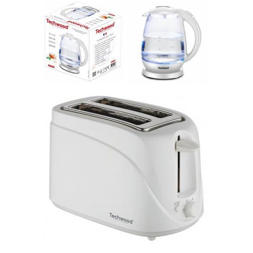Bouilloire électrique en Verre Led bleu 1L7 2200W + Grille-pain Blanc 2 Fentes 700W