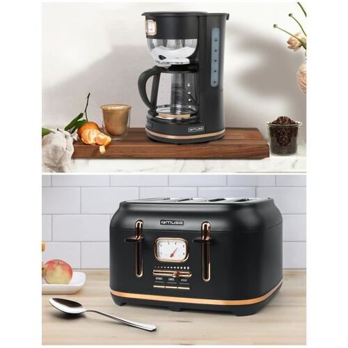 PACK CAFETIERE RETRO VINTAGE 1000W SANS FIL NOIRE DORE + GRILLE-PAIN NOIRE 1800W 4 FENTES NOIR DORE